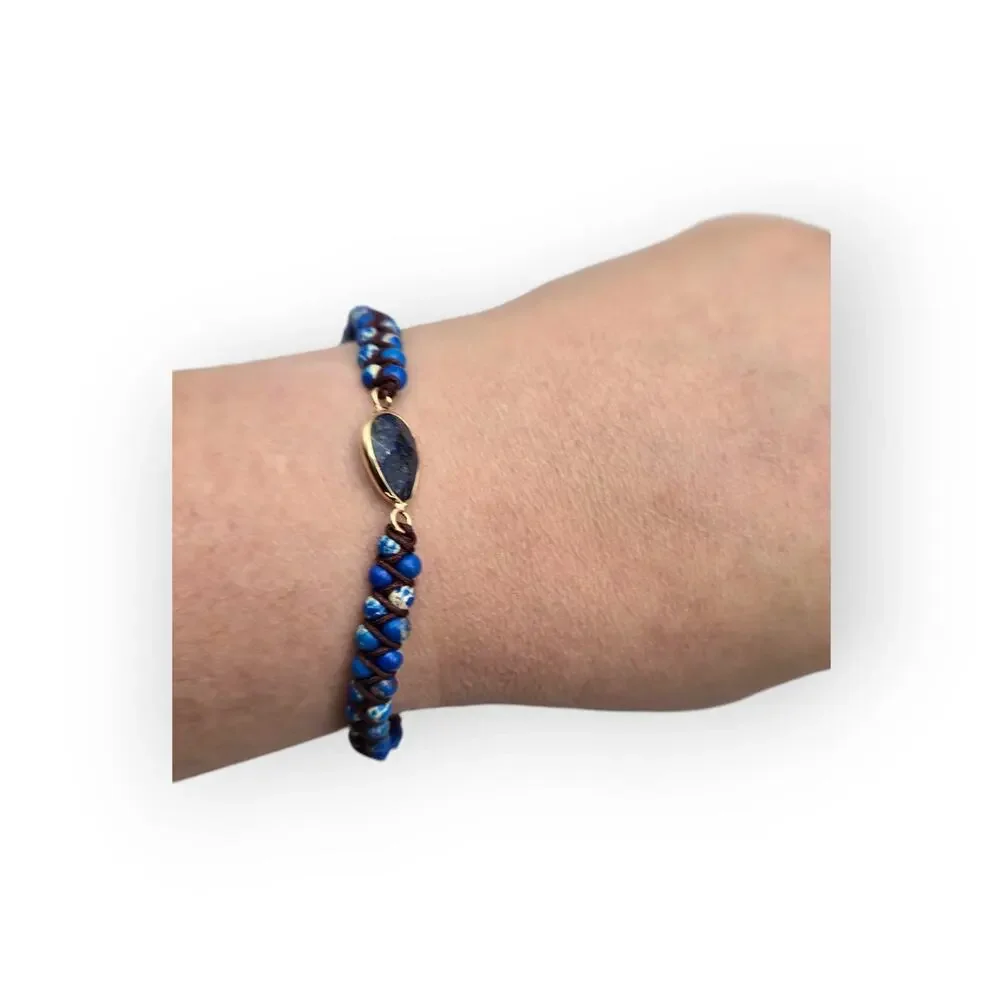 Boho Lapis Blue Beaded Macrame Bracelet – Adjustable Pull Tie Gold Tone Accent